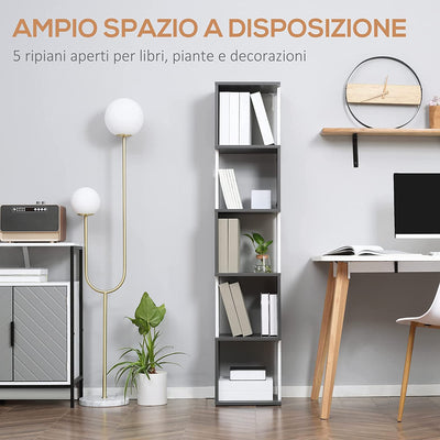 Libreria Moderna a 5 Ripiani in Legno, Mobile Libreria a Parete Salvaspazio per Casa E Ufficio, 33X28X161Cm, Grigio E Bianco