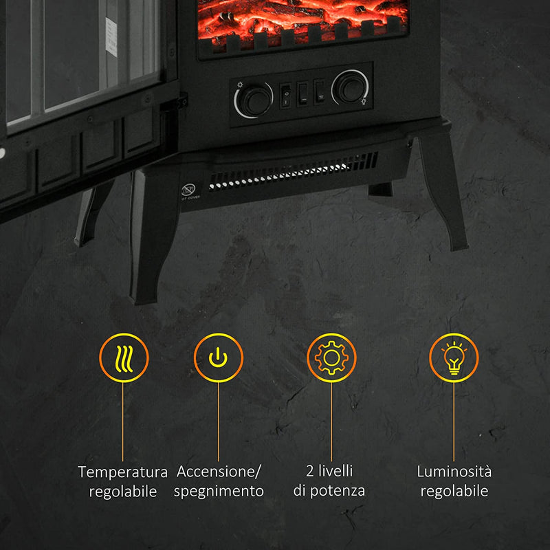 Camino Da Terra Elettrico Potenza 1000W / 2000W Con Effetto Fiamma Luminosità Regolabile Ferro E Vetro 39×23×56.5Cm