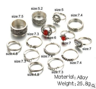 Foreign Trade Retro Silver Carved Joint Ring Red and White Turquoise 14 Piece Set Set Ring Female Jewelry Wholesale