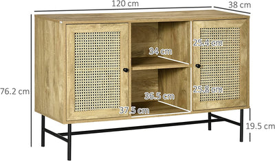 Mobiletto Basso per Ingresso, Sala Da Pranzo E Soggiorno Con 2 Armadietti E Ripiano Aperto a 2 Livelli, in Rattan, Truciolato E Acciaio, 120X38X76.2 Cm