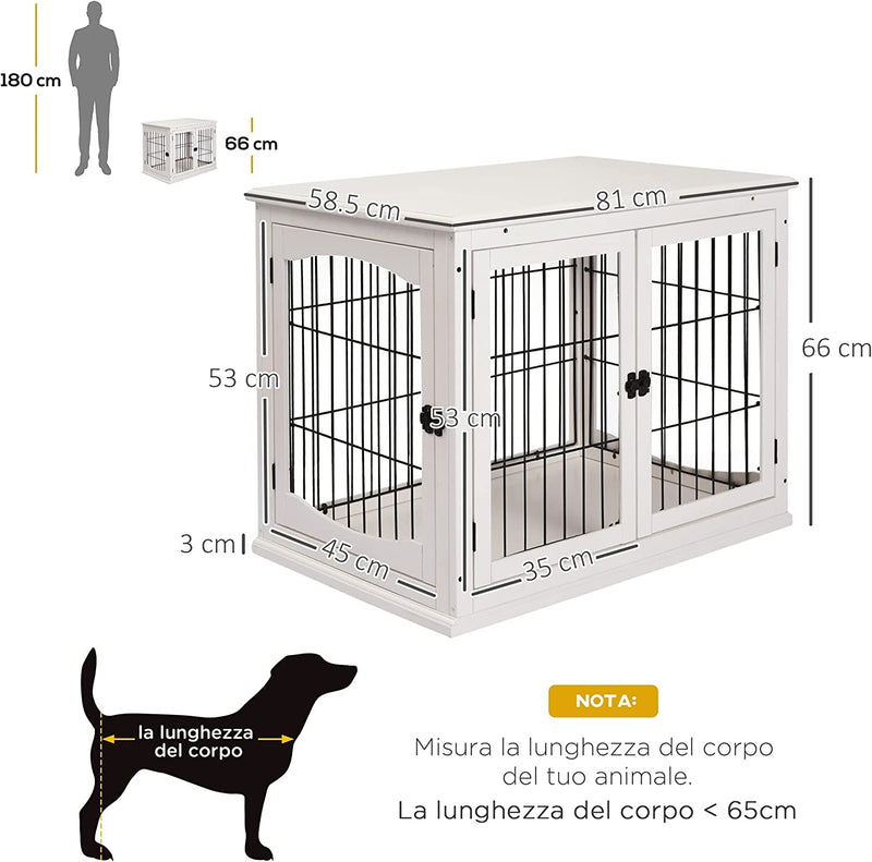 Casetta per Cani Da Interno, Gabbietta per Animali in Legno E Metallo Con Doppia Porta, 58.5X81X 66Cm, Bianco