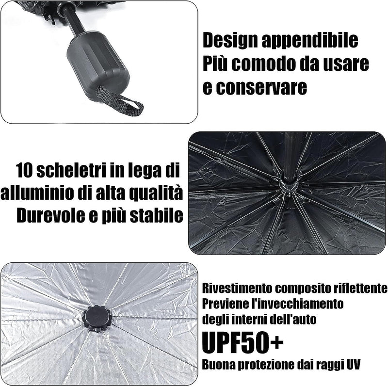 Ombrello Parasole Auto Pieghevole E Portatile - Proteggi La Tua Auto Dal Sole Con Torna Ai Risultati Protezione UV Al 99.9%, Custodia Inclusa, 125X65Cm per Auto Medio/Piccolo