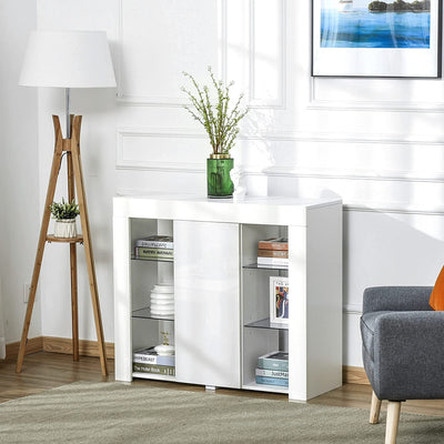 Credenza Moderna a Anta Con Luci LED E Mensole in Vetro, Mobile Multiuso in Legno Con Finitura Lucida, 97X35X83Cm, Bianco