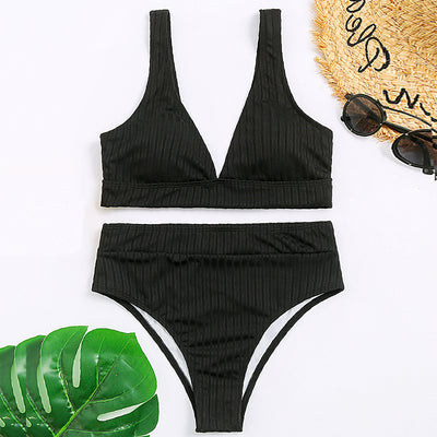 European and American Swimwear Women'S Ribbed High-Waisted V-Neck Striped Sports Solid Color Bikini Suit