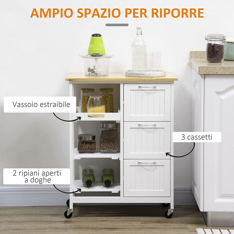 Carrello Da Cucina Con 3 Cassetti, 2 Ripiani Aperti E Vassoio Rimovibile, in MDF E Legno Di Pino, 67X37X84Cm, Color Legno E Bianco