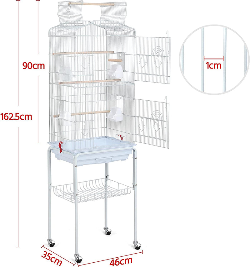 Gabbia Voliera per Uccelli Pappagalli Inseparabili Calopsite Parrochetti in Metallo Con Piedistallo Ruote E Tetto Apribile 46 X 35,3 X 150,6 Cm Bianca