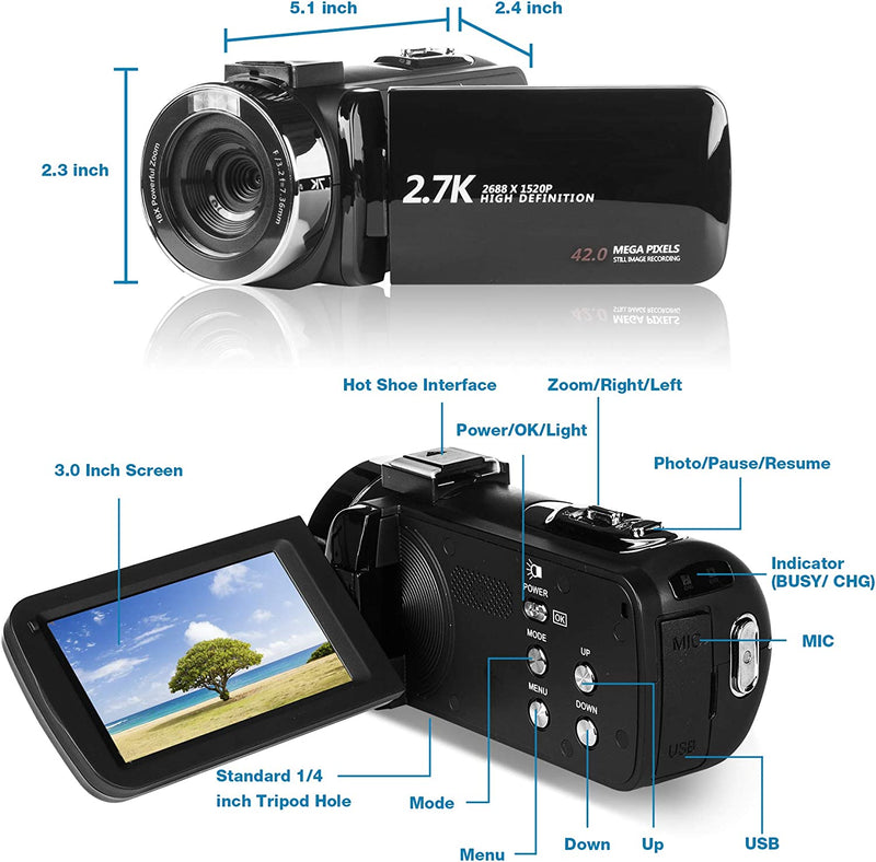 2.7K HD Digital Camcorder per Adolescenti/Studenti/Bambini,268X1520P Videocamera Beginner per Youtube Vlog