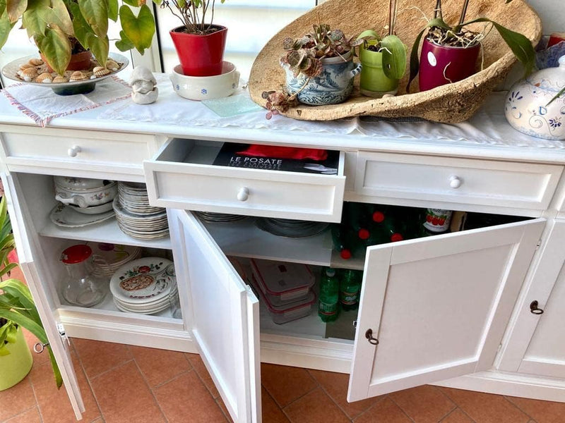 - Credenza Soggiorno, Legno Di Pioppo Bianco Opaco Elegante Shabby Chic, Credenza Arte Povera, Mobile Soggiorno Con 4 Porte Made in Italy - Mis. 205X42X86H