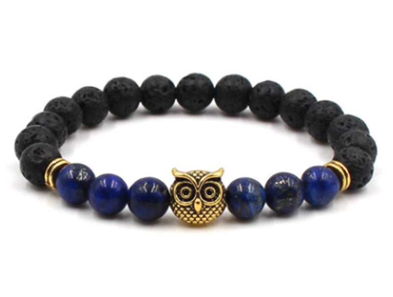 Foreign Trade Aliexpress Best Selling 8Mm Natural Stone Black Lava Volcanic Stone Bracelet Gold Alloy Owl Bracelet