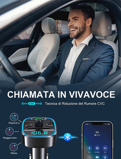 Trasmettitore FM Bluetooth per Auto, Adattatore Bluetooth Auto Audio Radio Lettore Musicale MP3, Chiamata Vivavoce, Porte USB Doppie (5V/2.4A & 1A), Lettore Di Schede TF & Chiavetta USB