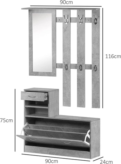 Mobile Da Ingresso Appendiabiti Con Scarpiera E Specchio, Mensole E Cassetto, 90X22X116Cm Grigio Cemento