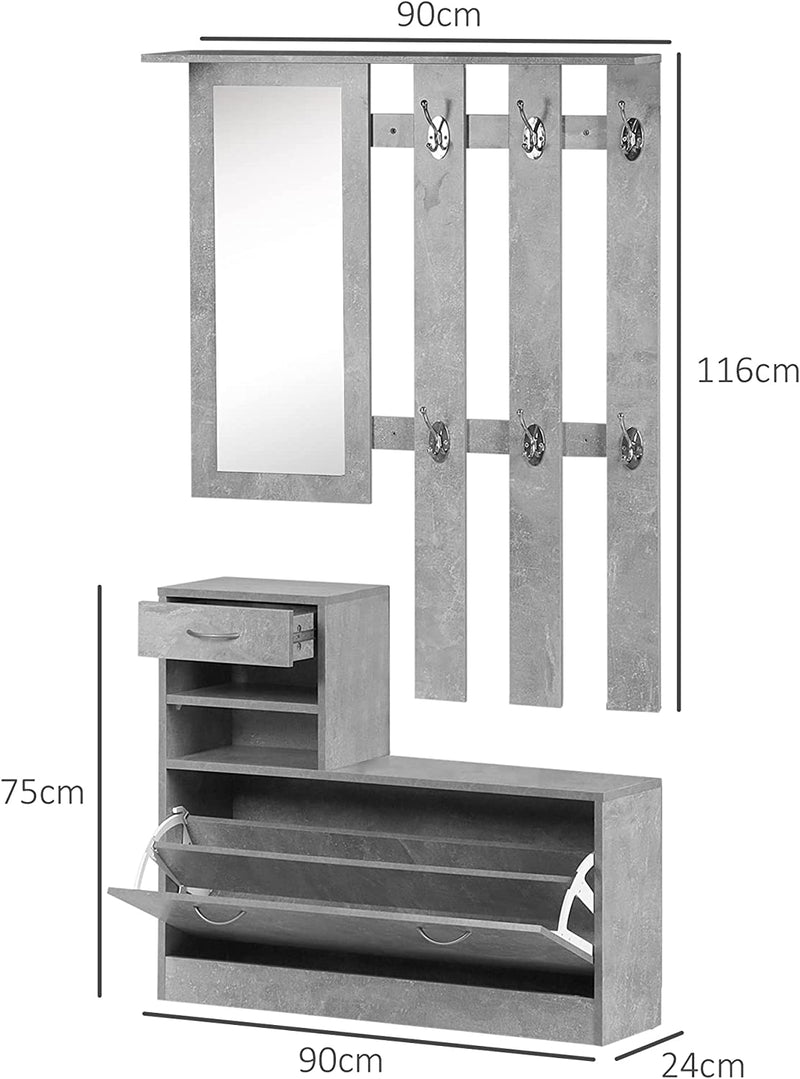 Mobile Da Ingresso Appendiabiti Con Scarpiera E Specchio, Mensole E Cassetto, 90X22X116Cm Grigio Cemento