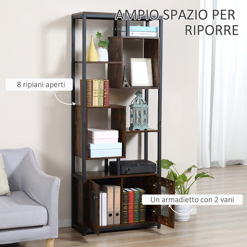 Mobile Libreria in Stile Industriale Con Armadietto a 2 Ante, Scaffale a 8 Ripiani per Casa E Ufficio, 70X30X180Cm, Marrone