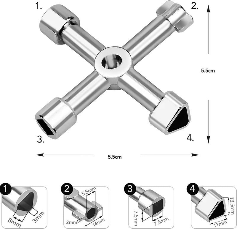 Chiave Multifunzione a 4 Punte | Chiave Contatore Acqua | Chiave Armadio Elettrico | Chiave Ascensore | Chiave Contatore Gas | Chiave per Valvole | Argento