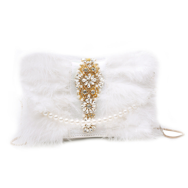 Pearl Chain Diamond-Studded Fur Dinner Plush Bag