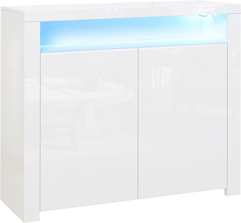 Mobiletto Salvaspazio Multiuso per Ingresso, Salotto O Bagno in Legno Bianco, Con Luci LED Colorate, 107X35X97Cm