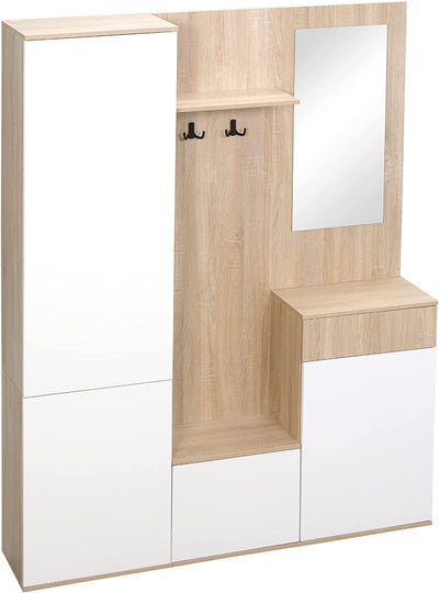 Mobile Da Ingresso 4 in 1 in Truciolato Con Specchio, Ganci E Ripiani Regolabili Interni, 145X29X184 Cm, Bianco E Color Legno