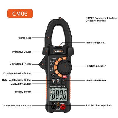 Pinza Amperometrica AC/DC 0-600A, CM06 Pinza Multimetro Professionale T-RMS 6000 Conteggi, Misure Corrente Tensione AC/DC Capacità Resistenza Diodi Continuità Duty Cycle