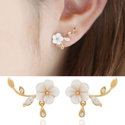 Korean Shell Earrings Classic Sterling Silver Needle Earrings Leaf White Flower Water Drop Temperament Earrings