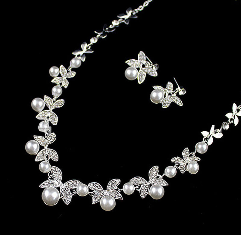 B0879 Bride Wedding Jewelry Accessories Wholesale Fashion Diamond Pearl Necklace Earrings Set Leaves the Atmosphere