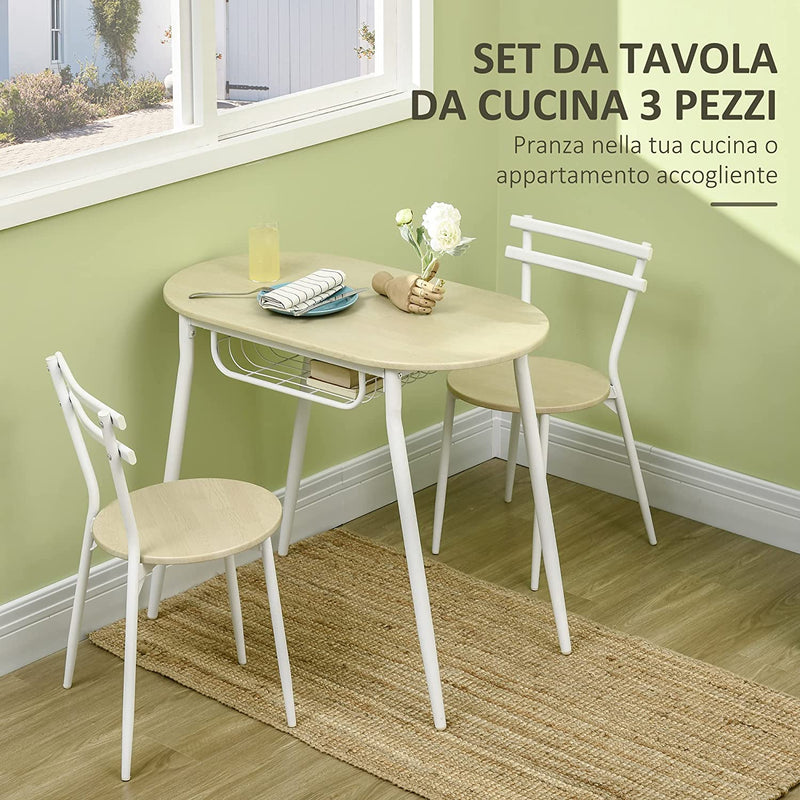 Sedie E Tavolo Da Pranzo, Set 3 Pezzi Con 2 Sedie E Tavolo Ovale Con Ripiano Portaoggetti, in MDF E Acciaio, Color Legno