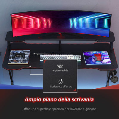 Scrivania Da Gaming Ergonomica Con Piano Rialzato per Monitor E Gancio Cuffie,Scrivania per Computer in MDF E Acciaio Nero, 140 X 60 X 90Cm