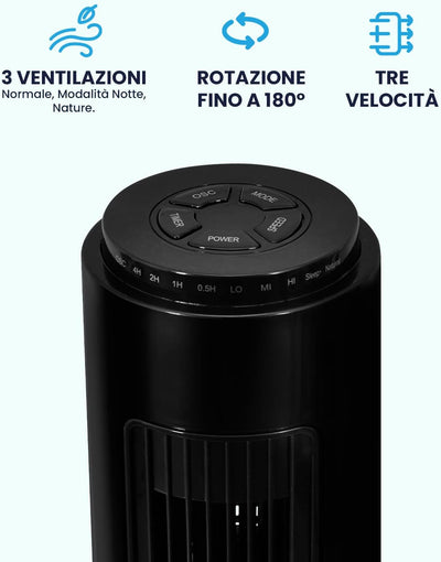 Ventilatore Airy Exclusive a Torre 70 Cm Con Telecomando Oscillazione Da 75° 3 Modalità E Velocità Timer 7H 54W