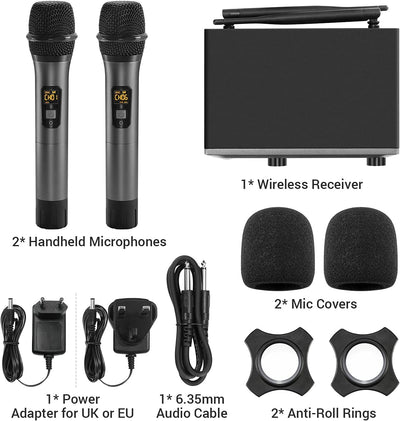 Microfono Wireless UHF Professionale Dinamico Doppio Microfono Senza Fili, Sistema Di Microfono a Mano, Set per Karaoke, Feste, DJ, Chiesa, Matrimonio, Riunione, Lezione, 60 Metri