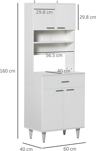 Credenza Alta Da Cucina, Madia Classica Bianca in Legno Con 2 Armadietti E 1 Mensola, Bianco, 60X40X160Cm