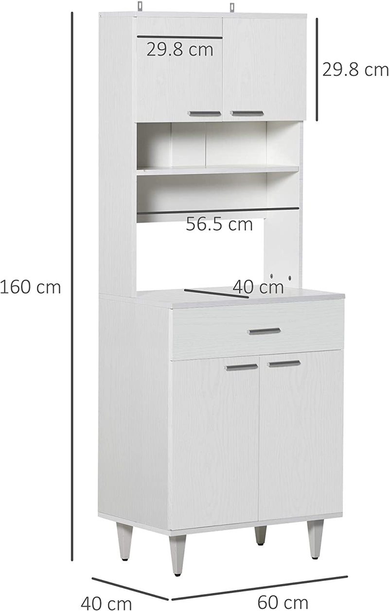 Credenza Alta Da Cucina, Madia Classica Bianca in Legno Con 2 Armadietti E 1 Mensola, Bianco, 60X40X160Cm