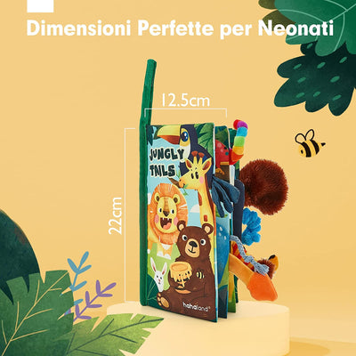 Libri Di Stoffa per Neonati 0 3 6 Mesi, Libro Sensoriali Con 10 Code Della Giungla, Giochi Da Passeggino Libro Interattivo per Tummy Time