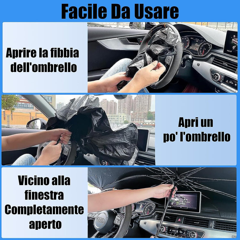 Ombrello Parasole Auto Pieghevole E Portatile - Proteggi La Tua Auto Dal Sole Con Torna Ai Risultati Protezione UV Al 99.9%, Custodia Inclusa, 125X65Cm per Auto Medio/Piccolo