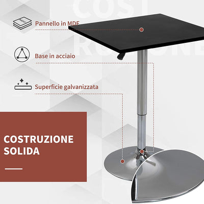 Tavolo Quadrato Regolabile in Altezza, Metallo E MDF, Tavolino Da Bar, Cucina, Soggiorno, Nero, 60X60X82-103Cm