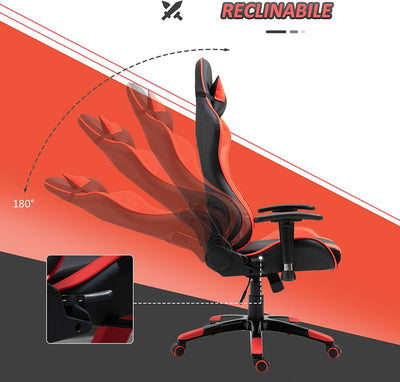 Sedia Gaming Professionale Girevole，Sedia Da Ufficio Reclinabile Con Sostegno Lombare E Collo PVC 67 X 67 X 123-132Cm Nero-Rosso