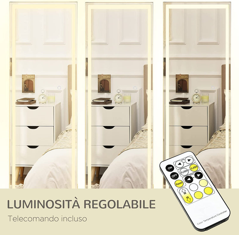 Specchio Autoportante a Figura Intera Con Supporto E Luce LED Regolabile, Specchio Da Parete Con Telecomando per Camera Da Letto E Bagno, 40X37X156.5Cm