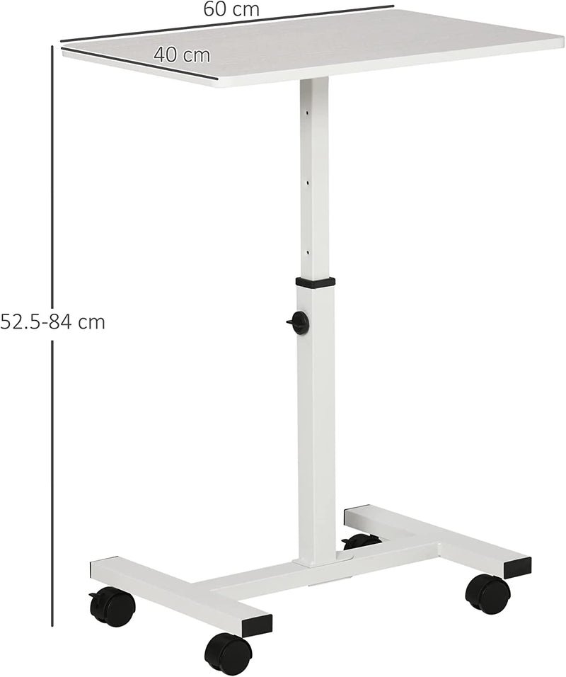 Tavolino Da Divano Laterale Porta PC Con Altezza Regolabile E Ruote, Supporto Computer per Casa E Ufficio, 60X40X52.5-84Cm Metallo E Legno, Bianco