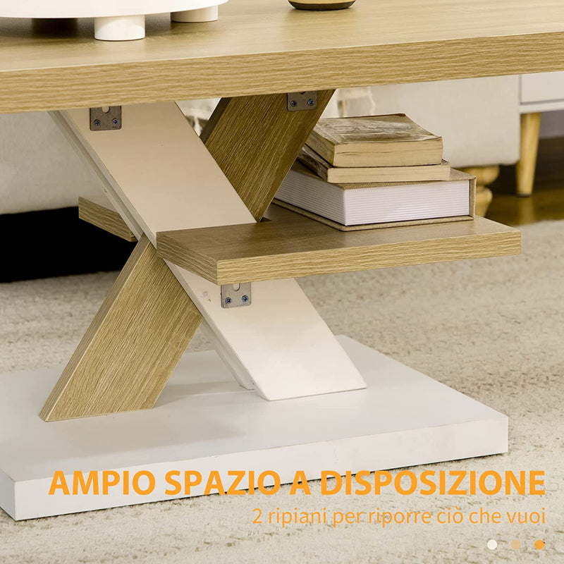 Tavolino Da Caffè in Legno Con Ripiano Centrale, Tavolino Da Divano Moderno per Salotto E Soggiorno, 90X60X45Cm, Bianco E Legno