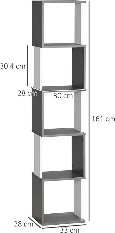 Libreria Moderna a 5 Ripiani in Legno, Mobile Libreria a Parete Salvaspazio per Casa E Ufficio, 33X28X161Cm, Grigio E Bianco