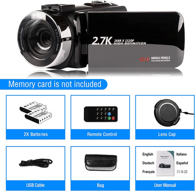 2,7K Videocamera Camcorder GDV1302 Fotocamera per Vlogging Ricaricabile Zoom Digitale 18X Videocamera FHD 42MP 3" LCD Con Schermo Ruotabile E 2 Batterie(Nero)