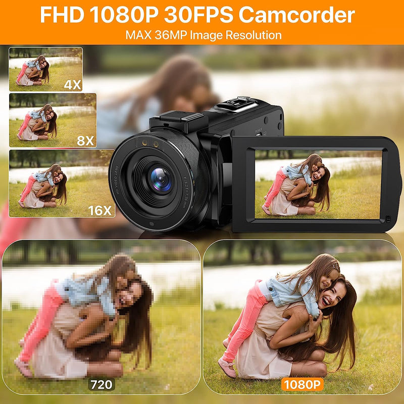 Videocamera FHD 1080P 36MP 30FPS Videocamera Digitale Vlogging per Youtube Visione Notturna IR 16X Zoom Digitale 270 Gradi Rotazione 3.0" Touch Screen Videoregistratore, Telecomando E 2 Batterie