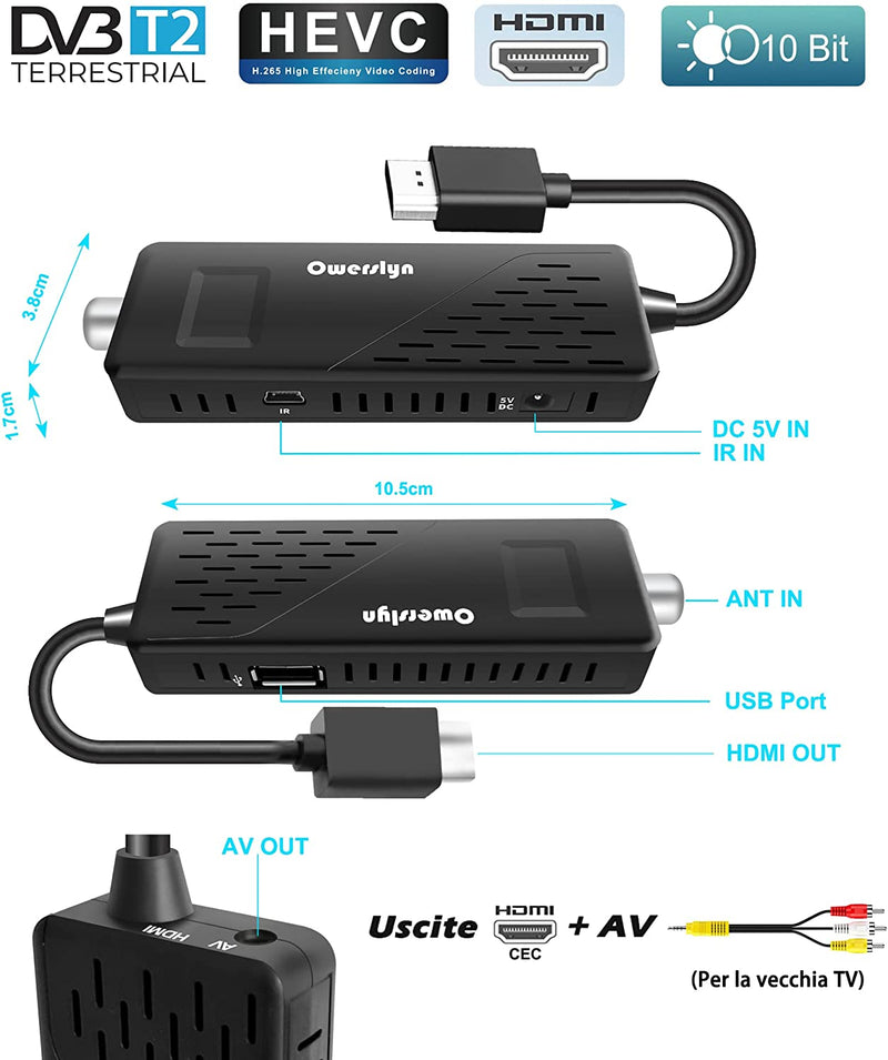 Decoder DVB-T2, Decoder Digitale Terrestre 2022/2023, HD 1080P H265 HEVC Main 10 Bit, HDMI CEC TV Stick Supporto Uscita HDMI/AV E USB Multimediale/Funzione PVR [Telecomando 2In 1 Con Comandi TV]