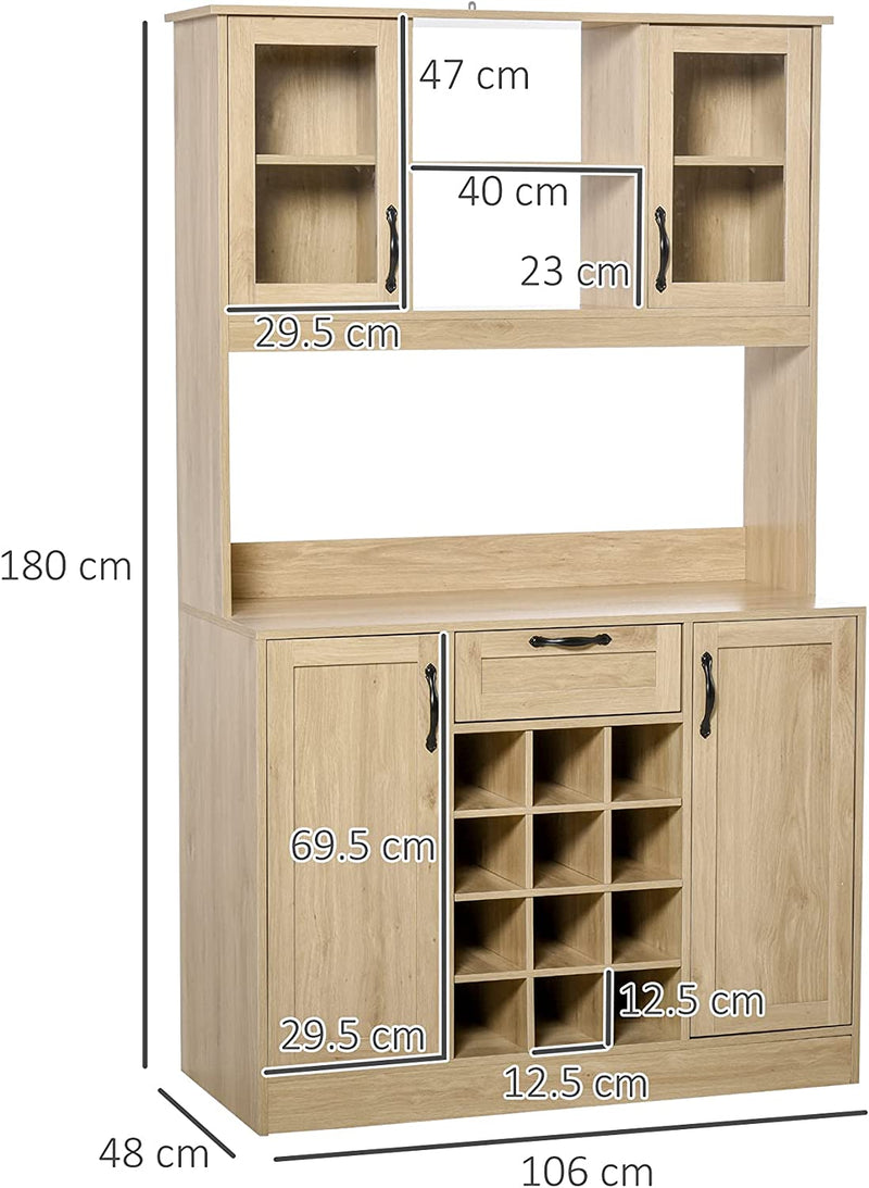 Mobile Cucina Con Cassetto, 4 Armadietti, Mensole E Portabottiglie, Credenza Alta in Legno, Rovere, 106X48X180Cm