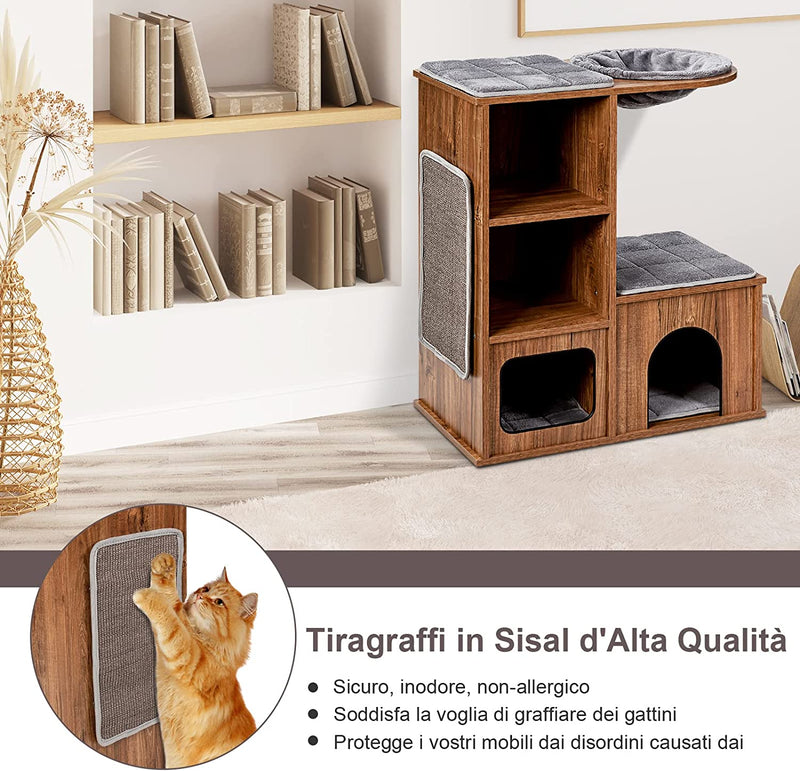 Tiragraffi per Gatti in Legno, Tiragraffi per Gatti Con Amaca, Cuccia, Piattaforme, Ripiani, Tiragraffi E Cuscini Morbidi, Con Portata Di 20 Kg, 69 X 39 X 81Cm, Marrone