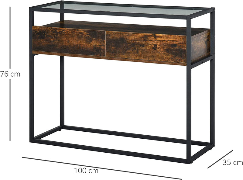 Tavolo Consolle Da Ingresso E Soggiorno, Ripiano in Vetro, Mensola E 2 Cassetti, in Metallo E Legno, Nero E Marrone, 100X35X76Cm