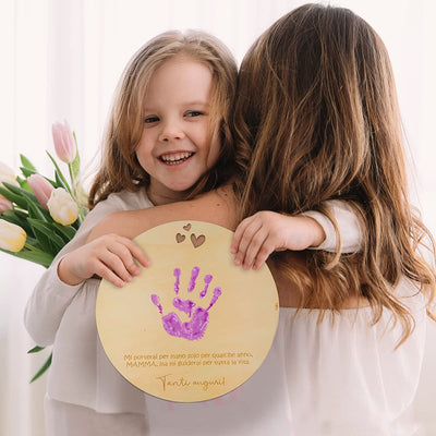 ® IT- MAMMA. Regalo per La Mamma Alla Sua Prima Esperienza: Impronta Del Bambino Di Legno Di 20 Cm Di Diam, Perfetto per Il Giorno Della Mamma O Il Compleanno. Attività Manuale per Mamme E Bambini