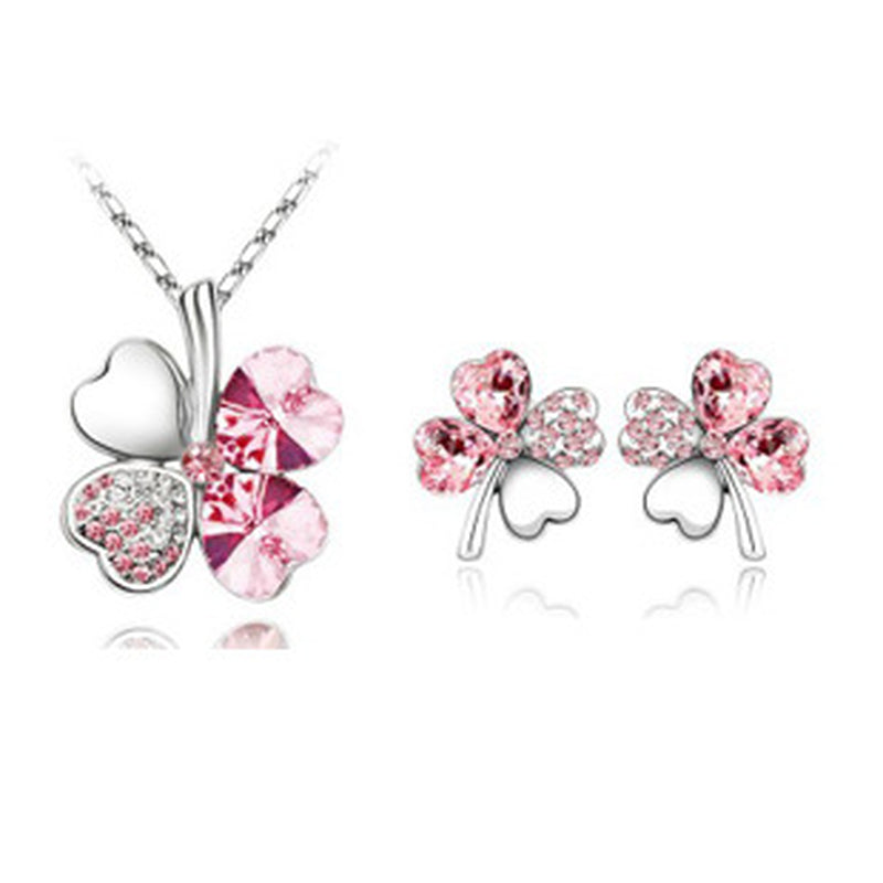 Four-Leaf Clover Crystal Necklace Earrings