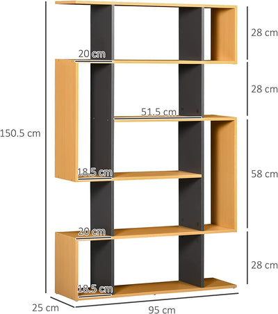 Libreria Moderna a 5 Livelli Con 13 Ripiani Aperti E Design Sfalsato, in Pannelli Di Truciolato, 95X25X150.5 Cm, Grigia E Color Legno