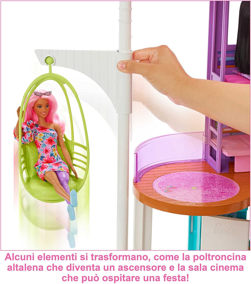 -  Casa Di Malibu (106 Cm) Playset Casa Delle Bambole Con 2 Piani, 6 Stanze, Ascensore Altalena E Più Di 30 Pezzi, Giocattolo per Bambini 3+ Anni, HCD50