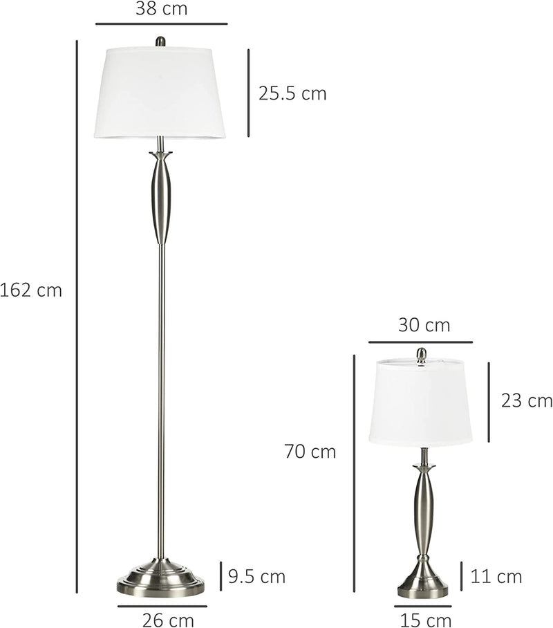 Set Con 1 Lampada Da Terra E 2 Lampada Da Tavolo in Acciaio E Tessuto per Illuminazione Interni Casa E Ufficio, Bianco E Argento