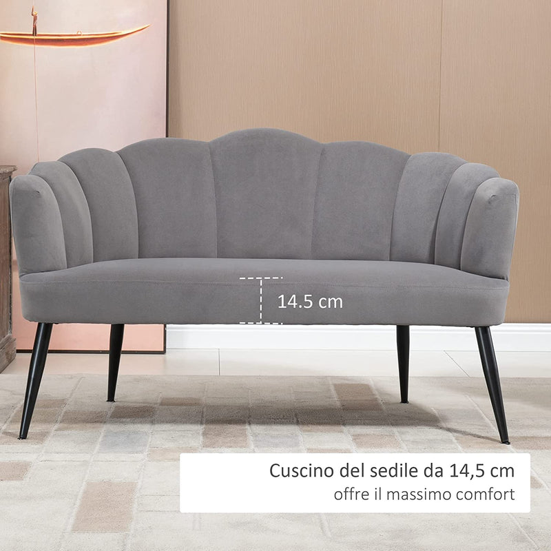 Divano 2 Posti in Velluto Con Gambe in Metallo, Divanetto Da Salotto Con Schienale a Conchiglia, 132X66X80Cm, Grigio